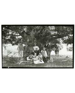 Group portrait of men under a tree, Rancho Santa Anita